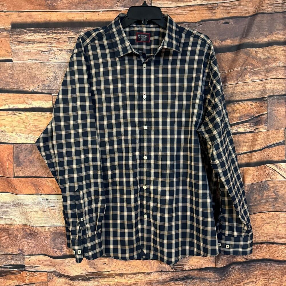 UNTUCKit Casual Button-Down Shirt Men’s Navy X-Large Relaxed Fit Polyester Plaid